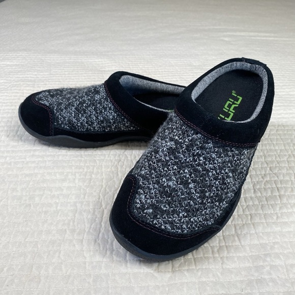 KURU Shoes - Kuru Womens Draft Black Gray Suede Knit Slip On Clog Mule Slipper Size 7.5 Comfy